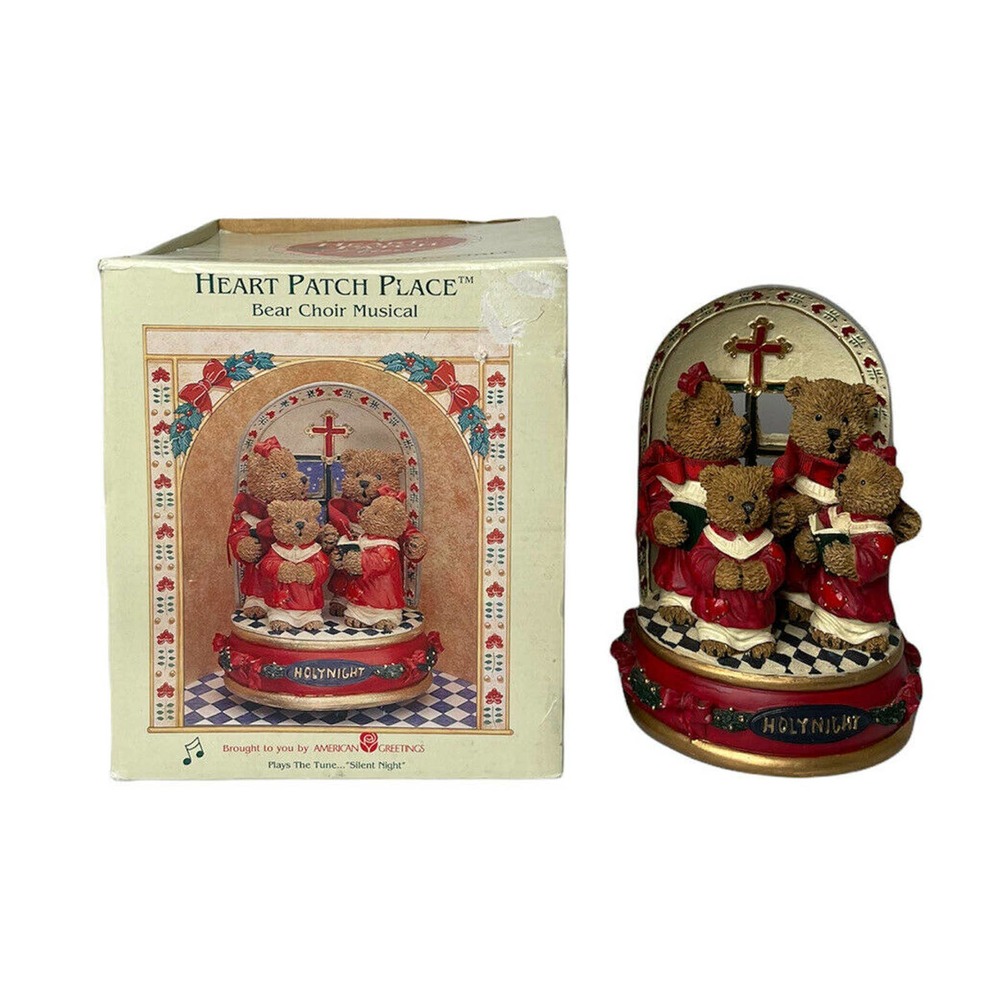 Vintage Heart Patch Place Bears Musical Wind Up Christmas Choir Figurines in Box